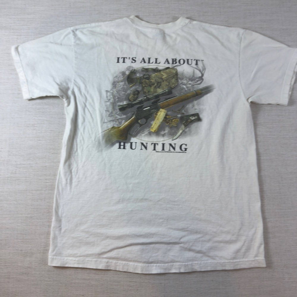 Vintage Anvil Its All About Hunting Graphic T-Shirt White Large Deer Rifle Buck